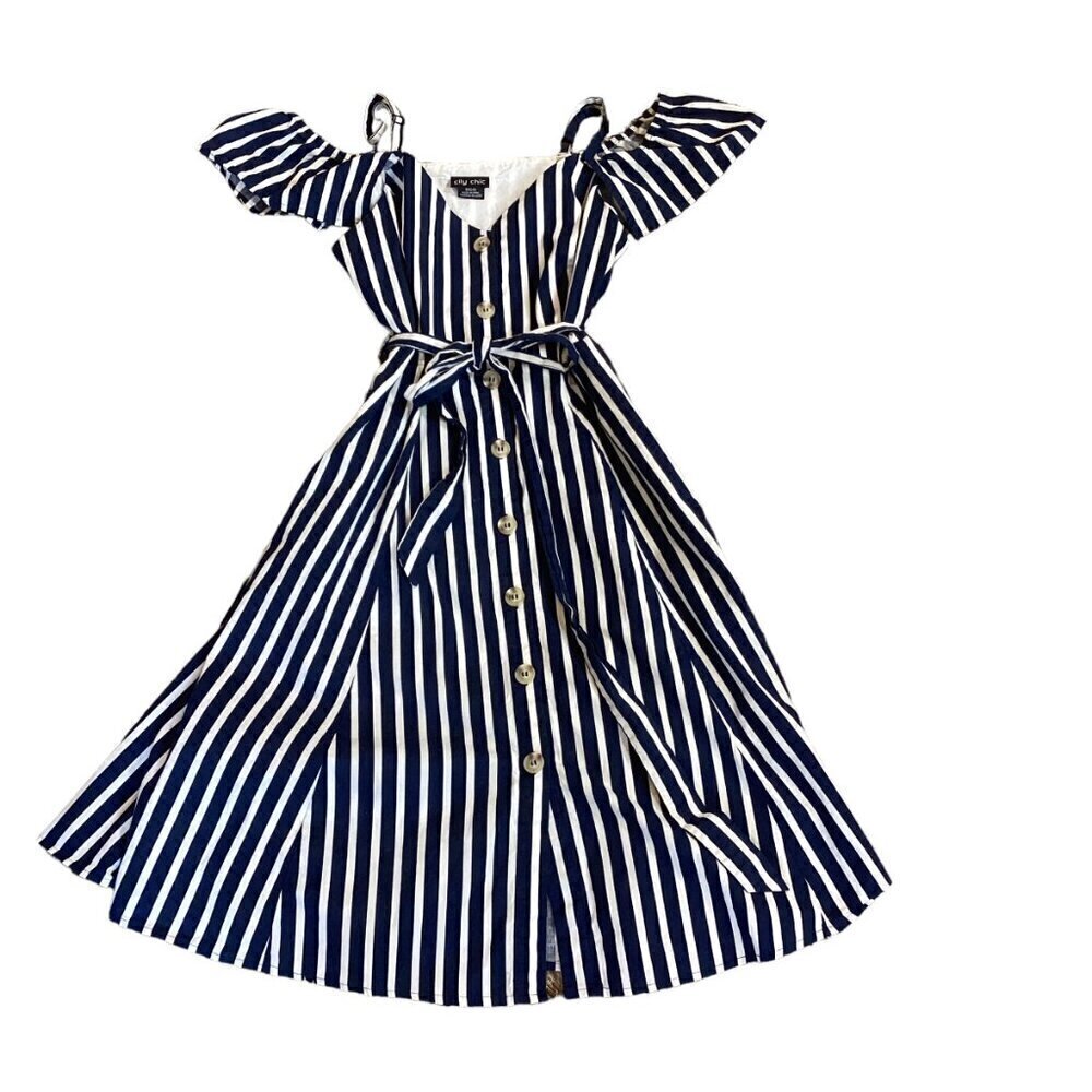 City Chic Stripe Affair Dress Button Front Tie-Waist Off Shoulder XXS/12 #267F - Picture 6 of 9